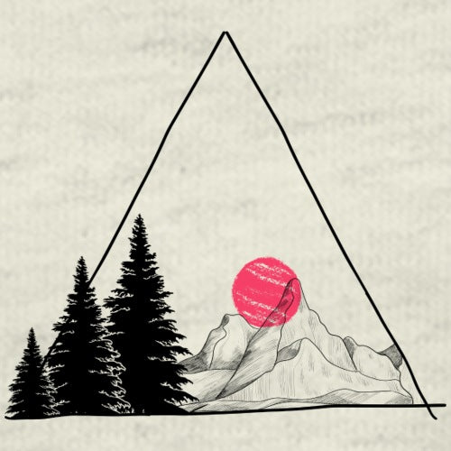 Geometric design with trees, mountain, and pink sun inside a triangle on a textured beige background.