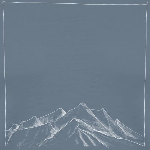 White line drawing of mountains on a gray background