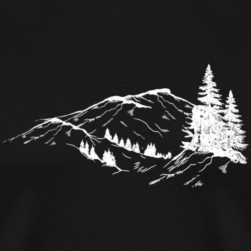 White mountain and trees design on a black background