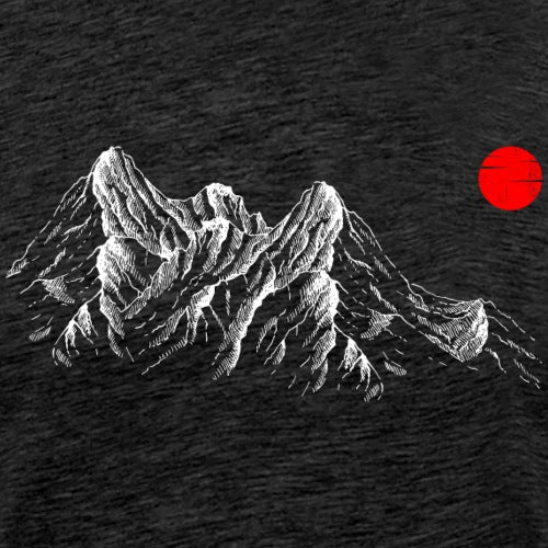 Mountain illustration with a red circle on a textured black background