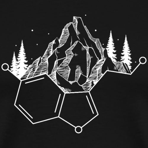 White mountain and trees design on a black background