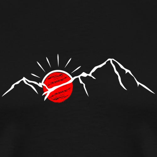 Mountain range with a red sun rising or setting on a black background