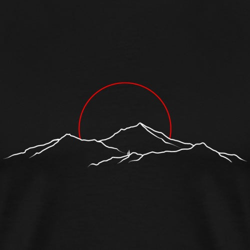 Simplified line art of a mountain range with a red circle in the center on a black background