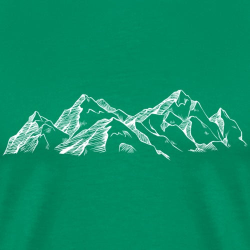 Green t-shirt with white mountain range design on a solid green background