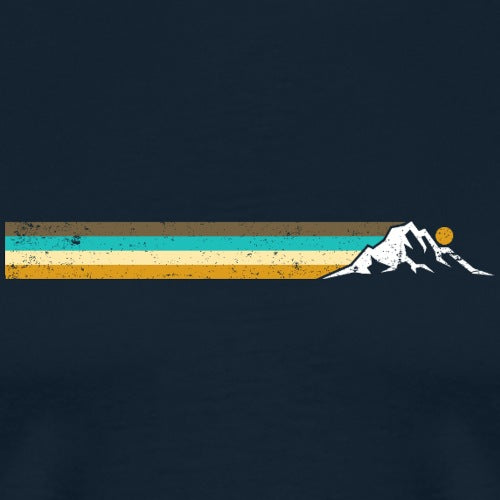 Navy blue t-shirt with a mountain and sun design on a dark background