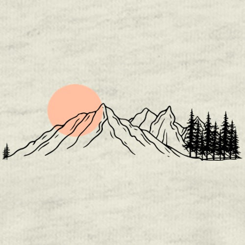 Simplified line drawing of mountains and trees with a pink sun on a textured beige background