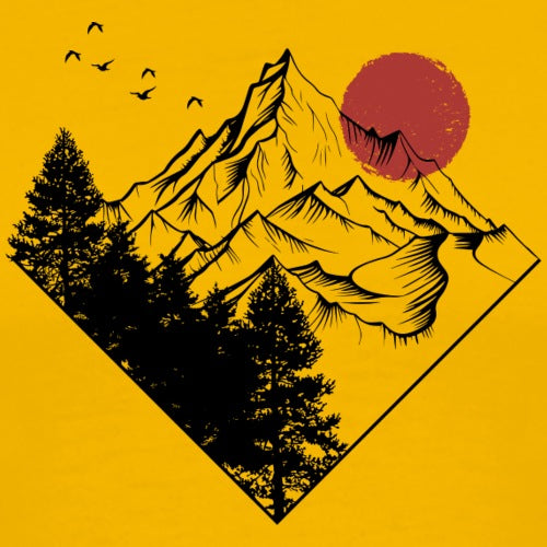 Mountain landscape with trees and a red sun on a yellow background