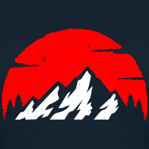 Red sun and white mountains on a black background