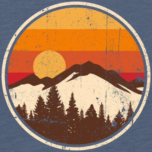 Vintage-style graphic of mountains and trees with a sun in a circular frame on a blue background.
