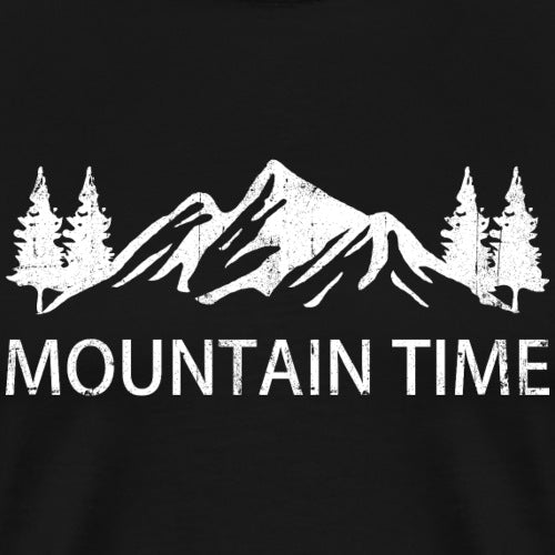 Black t-shirt with white mountain and tree design and 'Mountain Time' text.