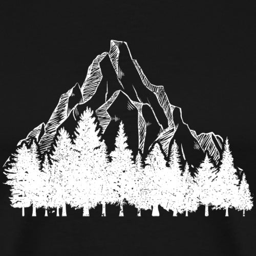 White line drawing of a mountain and trees on a black background