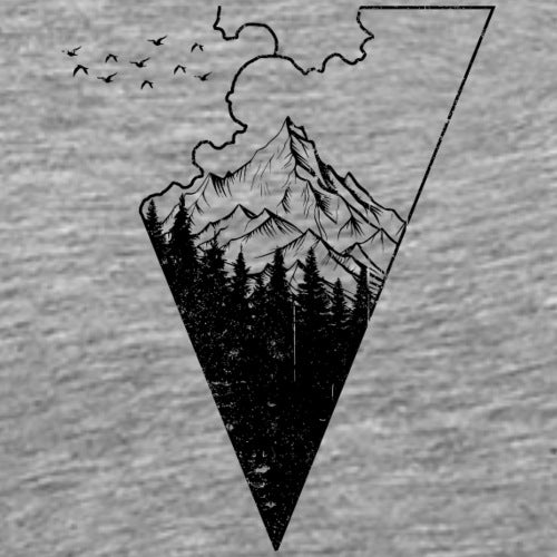 Mountain design with trees and birds on a gray background