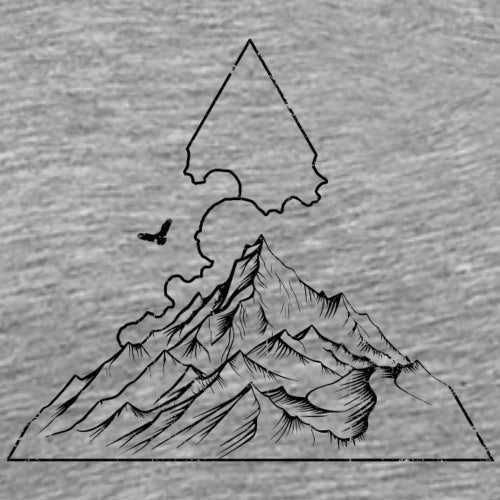 Black line drawing of a mountain with a pointed peak and a bird flying over it on a gray background.
