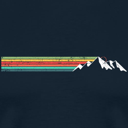Navy blue t-shirt with colorful striped design and mountain graphic on a dark background