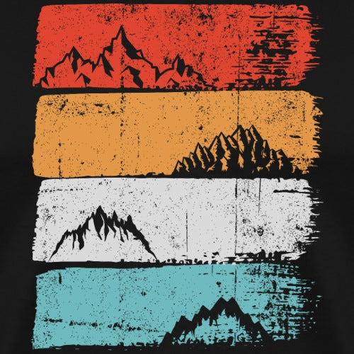 Four horizontal stripes with mountain silhouettes in red, orange, white, and blue on a black background.