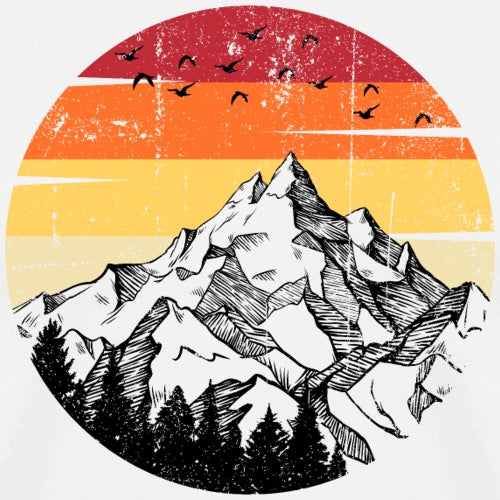 Mountain landscape with a sunset sky featuring orange, yellow, and red hues.