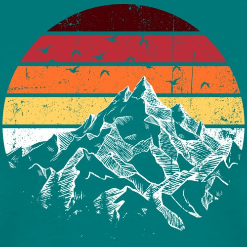 Vintage-style graphic with mountains and a colorful sun-like circle on a teal background