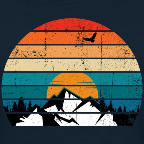 Vintage-style sunset with mountains and birds on a dark background