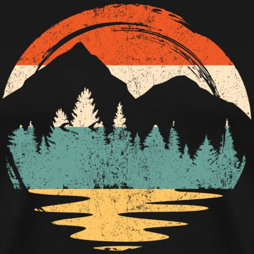 Vintage-style graphic of mountains, trees, and a lake with a red and orange sky.