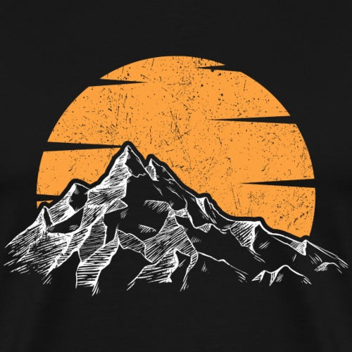 Mountain design with an orange sun on a black background