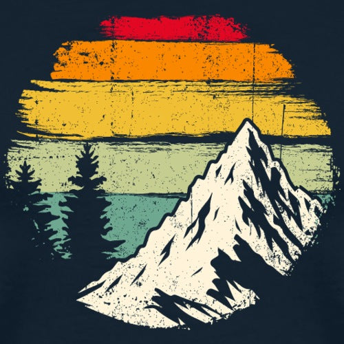 Mountain and trees design with a colorful circular background on a dark blue shirt.