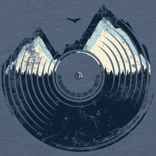 Design of mountains and a record with 'The Mountains Are Calling' text on a blue background