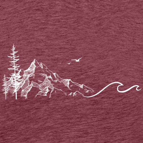 White mountain and tree design on a maroon background