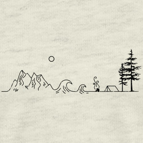 Simple line drawing of a mountain, tree, campfire, and tent on a textured beige background.