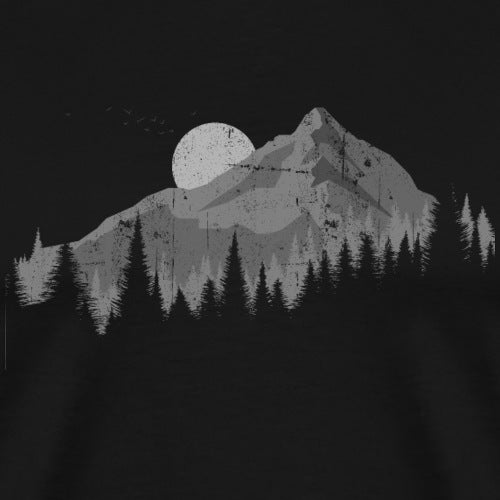 Black and white illustration of a mountain with a moon above and trees at the base.