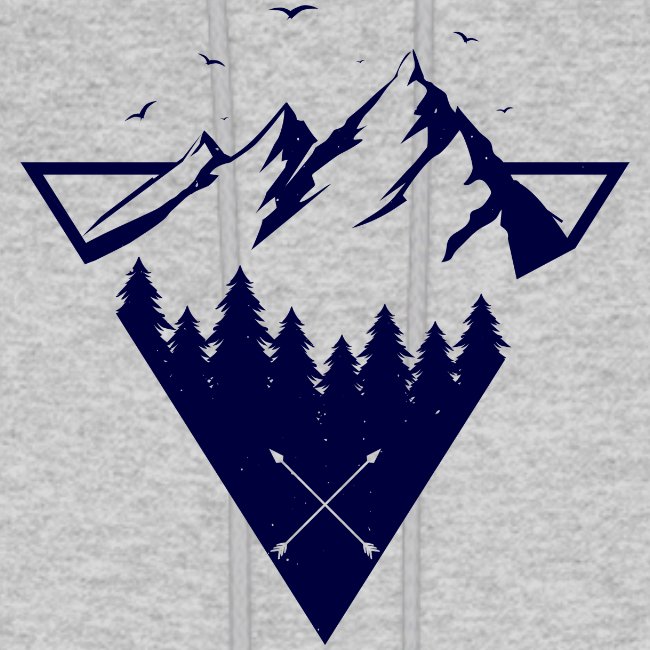 Gray hoodie with navy blue mountain and forest design