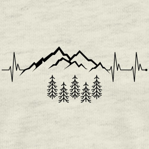 Heartbeat line design with mountains and trees on a beige background
