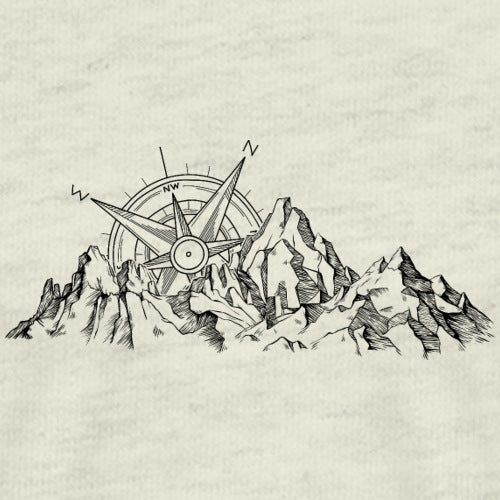 Black and white illustration of mountains with a compass on a textured beige background
