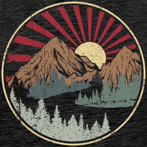 Vintage-style mountain and sun design on a black background