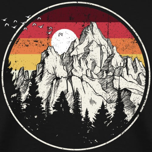 Circular design with mountain landscape and sunset on a black background