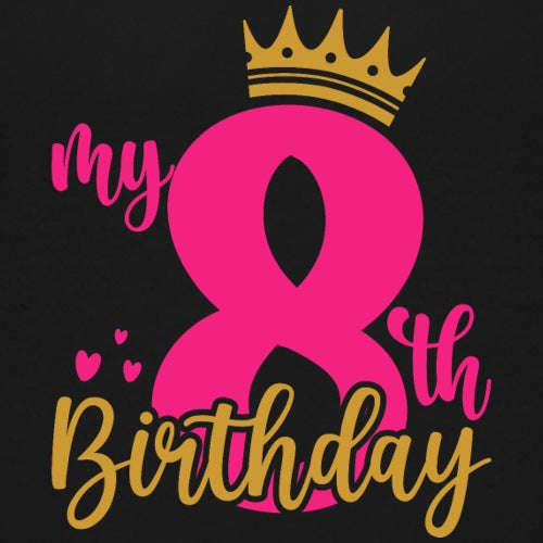 Pink '8' with a crown and 'my 8th Birthday' text on a black background