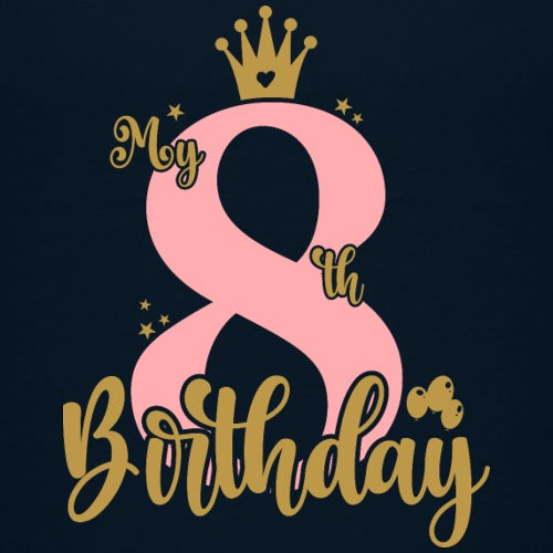 Pink number 8 with a crown and 'My 8th Birthday' text on a dark background