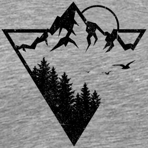 Black silhouette of mountains, trees, and birds on a gray background