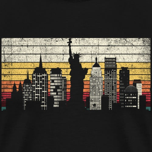 Vintage-style city skyline with the Statue of Liberty on a black background