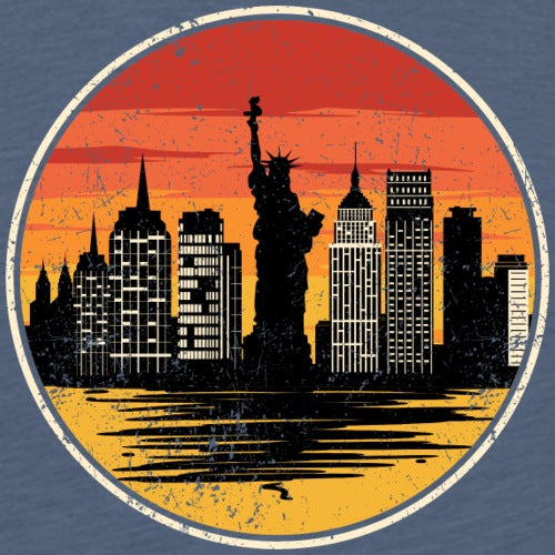 City skyline with Statue of Liberty against a sunset sky on a blue t-shirt.