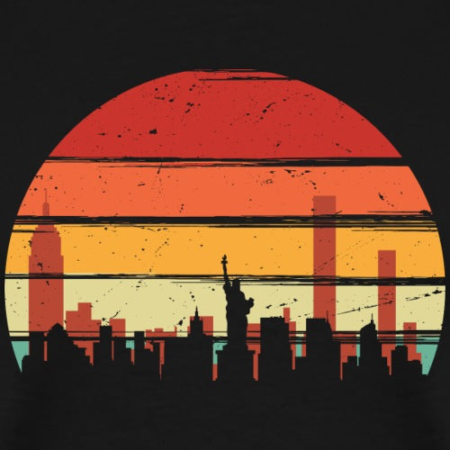 City skyline silhouette with a red and orange sunset