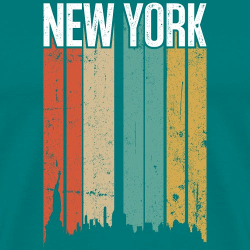 Vintage-style New York graphic with colorful stripes and a silhouette of the Statue of Liberty on a teal background.