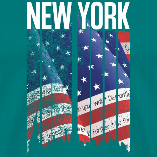 American flag design with 'New York' text on a teal background