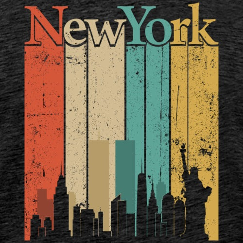 Vintage-style 'New York' text with city skyline silhouette on a dark background