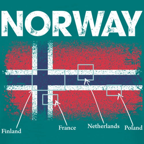 Flag of Norway with labeled neighboring countries on a teal background