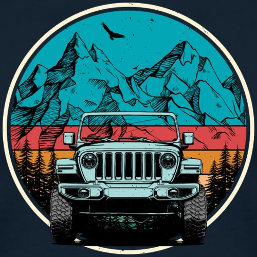 Illustration of a Jeep in front of a mountainous landscape with a colorful sky.