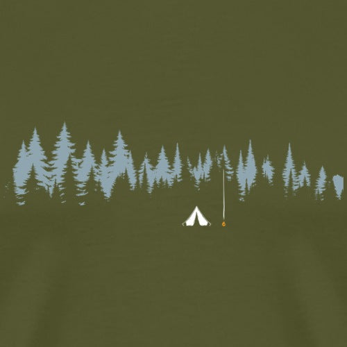T-shirt with a design of trees and a tent on a green background