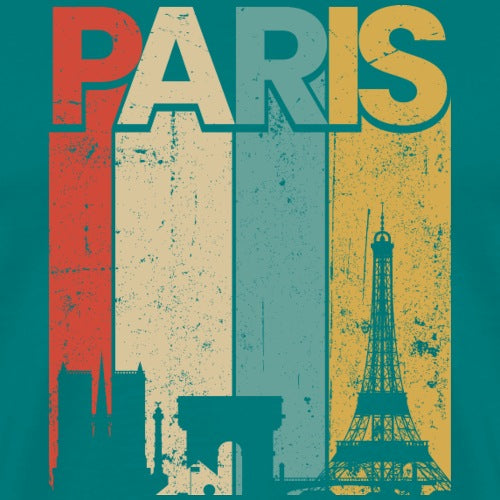 Vintage-style 'PARIS' text with Eiffel Tower silhouette on a teal background