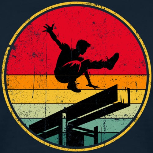 Vintage-style graphic of a person performing a trick on a bench with a colorful circular background.