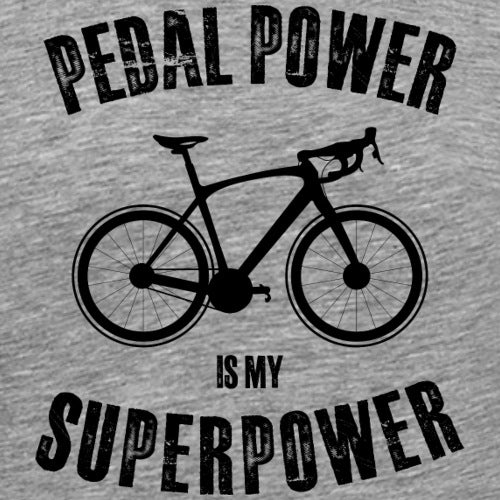 Gray t-shirt with a black bicycle graphic and text 'Pedal Power is my Superpower' on a gray background