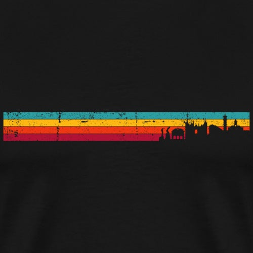 Silhouette of a city skyline with a colorful stripe at the bottom on a black background